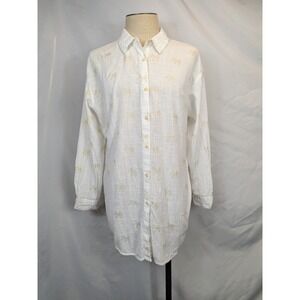 Palm Tree Tropical Resort Beach White‎ Gold Button Up Shirt Tunic blue island XL